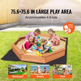 Happybuy Wooden Sandbox with Cover, 75.6 x 75.6 x 9.1 in Octagonal Sand Pit, 4 Seats, Bottom Liner, Outdoor Play Area for Kids Ages 3-12, Ideal for Backyard, Beach, and Park
