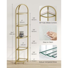 VASAGLE 5-Tier Corner Shelf Stand, Corner Bookshelf, Bathroom Organizer, Plant Stand, Tempered Glass, Steel Frame, Modern Style, for Living Room, Bathroom, Kitchen, Metallic Gold ULGT810A01