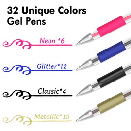 Gel Pens, Shuttle Art 32 Colors Gel Pen Set with Coloring Book for Adults Coloring Books Drawing Doodling Crafts Scrapbooking Journaling