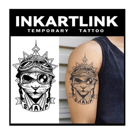 INKARTLINK Tattoo Tech,2 Sheets Extra-Large Semi Permanent Tattoo,Adult Art Design Temporary Tattoos, Lasts 1-2 Weeks, Waterproof, Realistic look, No Adhesive, No reflection (Aviator Cat Design）