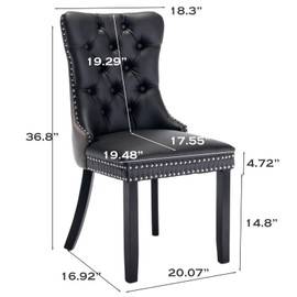 SoarFlash Leather Dining Chairs Set of 2, Tall Back Side Chair, Modern Upholstered Side Chair with Button Back Ring, Solid Wood Legs (Black&Grey)