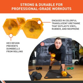 Body Sport Urethane Aerobic Dumbbells, 15 lb. (2-Pack) - Premium Hand Weights with Solid Steel Core & Ergonomic Gel Coating for Fitness Training & Strength Building