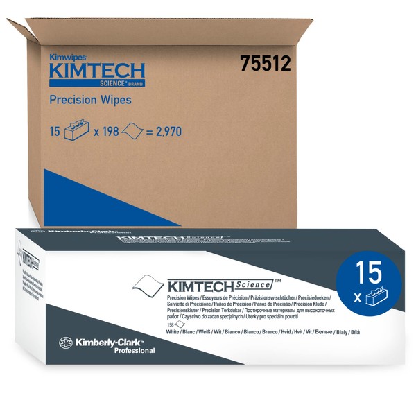 Kimtech 75512 Precision Wipers, POP-UP Box, 1Ply, 11 4/5x11 4/5, White, 196 per Box (Case of 15 Boxes)