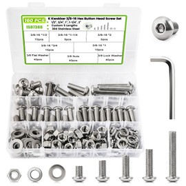 K Kwokker 160Pcs 3/8-16 Bolt and Nuts w/Washers for Screws, Hex Socket Button Head Screws 1/2", 3/4", 1", 1-1/4", 2", 304 Stainless Steel, Silver, Full Thread, 3/8 16 Screw for Furniture, Bike, Auto