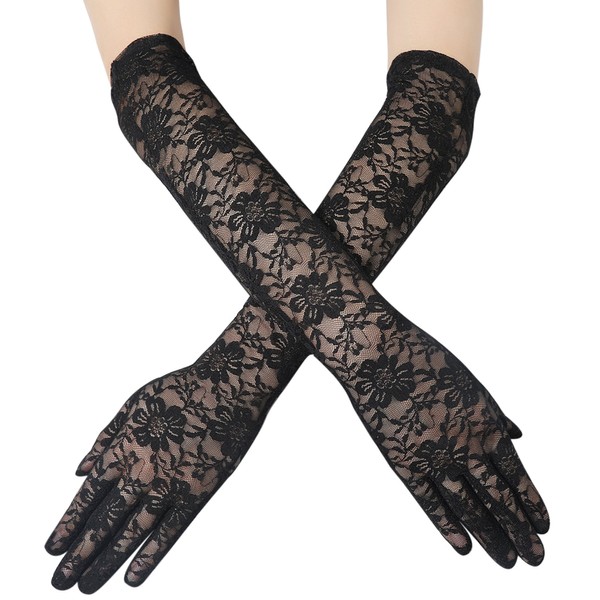 BABEYOND Lace Gloves for Women – Long Floral Wedding Gloves for Bride Satin Gloves Elbow Length Flapper Accessories (Black)