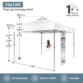 GREEN PARTY 10x10 ft Pop Up Canopy Tent, 1-Person Setup Instant Outdoor Canopy with Vented Top, Wheeled Carry Bag, 4 Ropes & 4 Sandbag -White