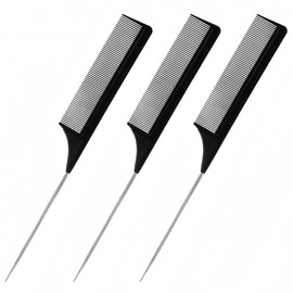 3 Pack Hair Rat Tail Combs Set, Parting Rattail, Teasing Fine Tooth Comb, Metal Hair Pick Detangling, Heat Resistant Carbon Fiber Teasing Comb, and Stainless Steel Pintail(Black)