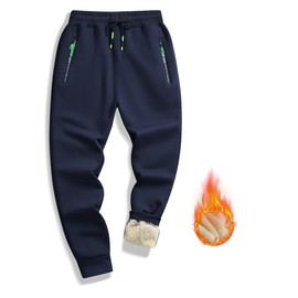 STICKON Men's Winter Warm Fleece Pants Sherpa Lined Athletic Sweatpants Jogger Sweat Pants with Zipper Pockets Blue L