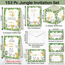 127 Pc Jungle Safari Baby Shower Invitations For Boy And Girl With Envelopes, Thank You Cards, Baby Book Request Cards, Diaper Raffle Tickets & Sign, Guess How Many Baby Shower Game -25 Guest Set