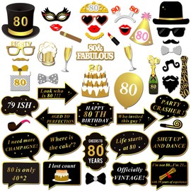 Konsait 80th Birthday Photo Booth Props(48Count), Funny 80 Party Photo Props Kit Black Gold Decor with Stick for Man Woman 80th Birthday Decorations Supplies Birthday Party Accessories Favors