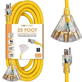 Digital Energy - Outdoor Heavy Duty 10/3 Extension Cord - 25 Ft | 3 Lighted Outlets, 15A, 125V, 60Hz, 1825W 10AWG - UL Listed