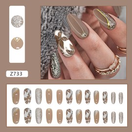 RTKHFZE Fall Press on Nails Oval Almond,Medium Fake Nails Medium Fake Nails Brown Flower Stick on Nails Acrylic False Nails with Bling Glitter Designs Autumn Nails Press Ons 24Pcs Oval for Women