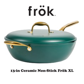 Frok 13" Frying Pan Wok Skillet 4MM Thick Quick Heat Aluminum Cookware w/Aluminum Lid Premium PFA Free Ceramic Nonstick Interior & Heat Resistant Exterior - Induction - Green & Gold