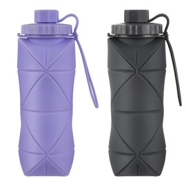 YCT Collapsible Silicone Travel Water Bottle 20oz (600ml), Reuseable Leakproof BPA Free Foldable Sports Bottle, with Carrying Strap, Dark Gray + Purple