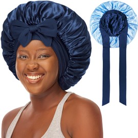 Double Layered Silk Satin Bonnet with Tie for Sleeping Black Women, Wide Band Large Hair Wrap Sleep Cap Bonnet for Curly Hair Braid Locs, Navy Blue