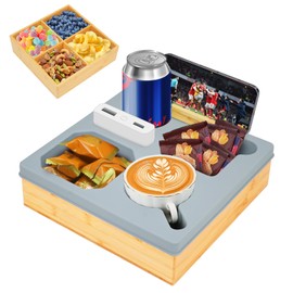 Couch Cup Holder Tray with Removable Dividers, Bamboo Silicone Snack Tray Snackle Box Cup Holder for Drinks, Anti-Spill Bed Couch Caddy Organizer, Remote Mobile Tablet Holder for Car Seat, RV, Sofa