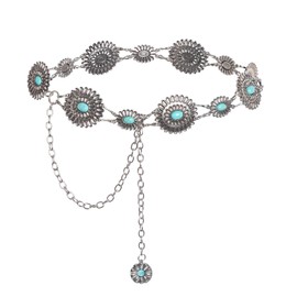 Topbuti Western Metal Oval Concho Chain Belt for Women Cowgirl Turquoise Waist Chain Belt for Dresses Jeans Western (Green)