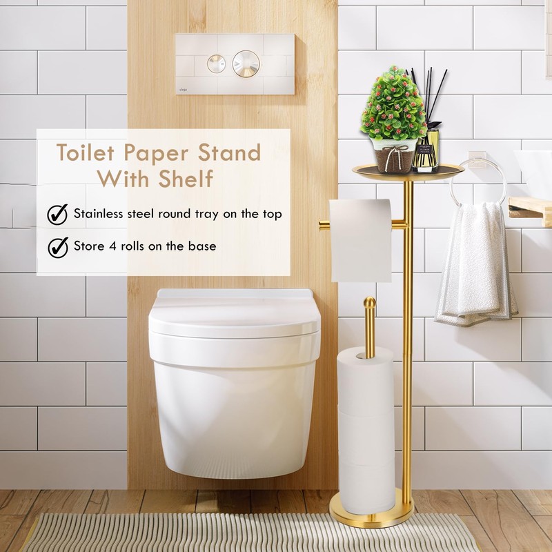 Kalitro Toilet Paper Holder Freestanding with Big Shelf, 4 Rolls