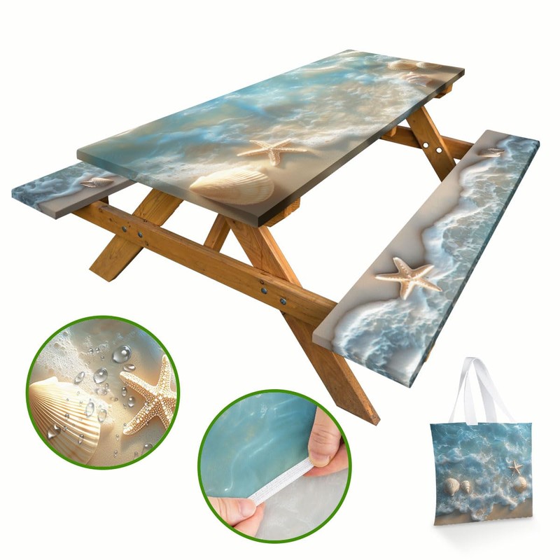 Sea Beach Picnic Table Cover with Bench Covers and Carrying