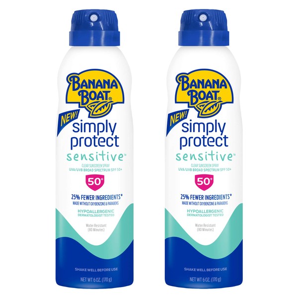 Banana Boat Mineral Enriched Sunscreen, Sensitive Skin, Broad Spectrum Spray, SPF 50, 6oz. - Twin Pack