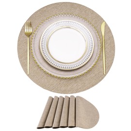 Eforcurtain Thick Linen Style Cloth Placemats Set of 6 Farmhouse Fabric Machine Washable Table Mats, Heat Resistant Placemats Easy to Clean Place Mats for Dining Table, Round 15 Inch Place Mats