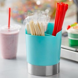 GEEX DEPOT Blue 3-Compartment Straw & Utensil Holder with Stainless Steel Base - Compact Cylinder Organizer for Countertops in Cafes, Restaurants, and Self-Serve Stations