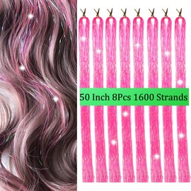 Hair Tinsel 8 Packs 1600 Strands 50 Inch Tinsel Hair Extensions Deep Rose Red Heat Resistant Glitter Sparkling Shinny Fairy Hair Accessories for Women and Girls(Deep Rose Red, 50Inch)