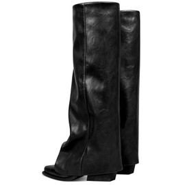 zhsrin Black Fold Over Knee High Boots for Women with Zipper Pointed Toe Chunky Heel Shark Boots Baggy Shoes