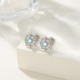 REDSUN Rowing Earrings, Steering Wheel Earrings, 925 Sterling Silver, Star, Moonstone Earrings, Round Stud Earrings, Ocean Sea, Nautical Theme, Jewellery, Gifts for Women and Girls, Sterling Silver