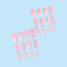 Almond Press on Nails Medium Length Fake Nails Summer Glue on Nails with Pink Peach Flowers Design Pink White Gradient Acrylic Full Cover Pink False Nails Reusable Stick on Nails for Women 24PCS