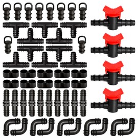 VooGenzek 54 PCS Drip Irrigation Fittings Kit for 16mm Tubing, Drip Irrigation Barbed Connectors for Garden, Lawn or Flower Bed, with Switch Valve, Coupling, Tees, Elbow, End Closure and End Plug