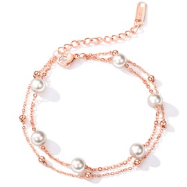 Cupimatch Women Beads Two Layer Chain Bracelets, Adjustable Stainless Steel Imitation Pearl Strand Anklet Wrist Link Jewelry