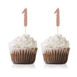 Rose Gold 1st Birthday Cupcake Topper, 24-Pack Number 1 Glitter Happy Birthday Party Cupcake Toppers, Decorations