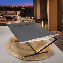 SUNCREAT Double Hammock with 12 ft Stand, Solar Powered Lights Included, Outdoor Hammock for Outside, Dark Gray