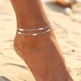 MIDEEO Gold/Silver Ankle Bracelets for Women,14K Gold Anklets for Women Waterproof Cuban Link Heart Beads Herringbone Rhinestone Anklets Set Layered Anklet Bracelets for Women Gold Jewelry Gift