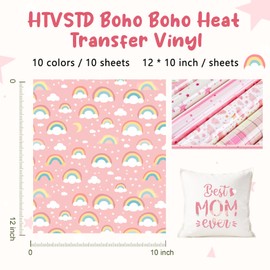 HTVSTD Boho Heat Transfer Vinyl -10 Sheets 12'' x 10''Rainbow/Heart/Star Pattern HTV Plaid Iron on Vinyl for T-Shirts