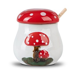 dgudgu Mushroom Honey Jar With Dipper Ceramic Honey Pot With Honey Spoon White Honey Container
