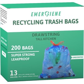 Emergiene 13 Gallon Recycling Trash Bags, 200 Count Drawstring Tall Kitchen Garbage Bags, Pre-Separated, Unscented, Ultra Strong, Leakproof, Sturdy, Translucent Blue