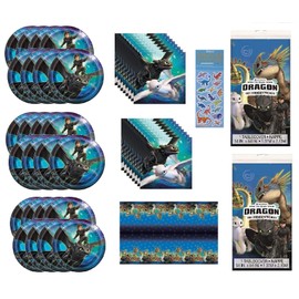 How to Train Your Dragon Birthday Party Supplies Bundle includes 24 Lunch Plates, 32 Lunch Napkins, 2 Table Covers, 1 Dinosaur Sticker Sheet - Serves 24