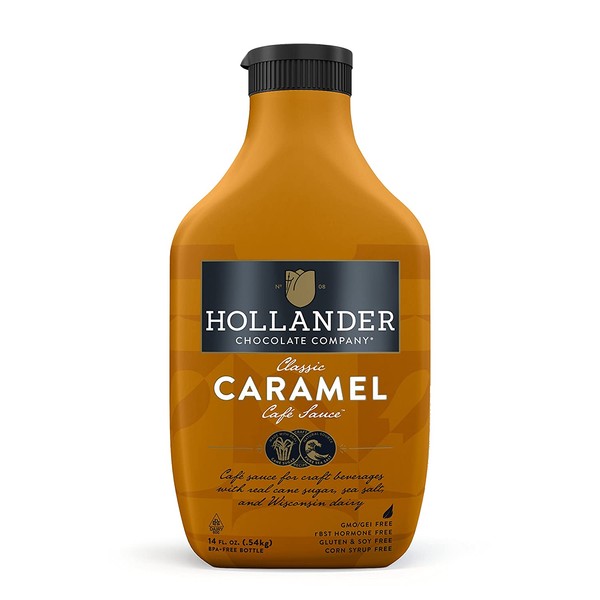 Classic Caramel Cafe Sauce by Hollander Chocolate Co Gourmet Caramel Sauce for Perfect for the Professional or Home Barista 14 fl. Oz. Squeeze Bottle with Flip-Cap