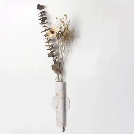 7-Inch Adhesive Wall Flower Tube,Metal Floral Holder Hanging Decoration Sticky Vase,Minimalist Wall-Mounted Open Vase for Flower Display (White with Gold, Large)
