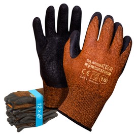 Trevendo 12 Pairs of Work Gloves, Black, Latex Coating on Polyester, Size 10 EU