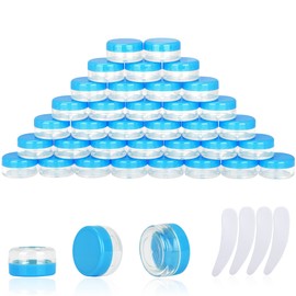 50PCS 10 Gram Sample Containers,10ml Empty Jars with Lids, Small Cosmetic Containers, Mini Sample Jars with 4PCS Mini Spatulas for Make Up, Oils, Lotion, Powder, Paint, Jewelry, Lip Balms(Blue Lid)