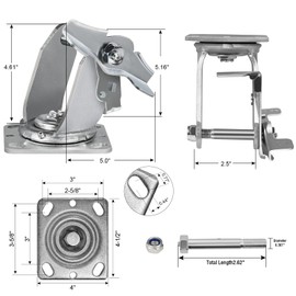 5" x 2" Swivel Caster with Brake Lock - Heavy Duty Zinc Plated Steel Frame, 4" x 4 1/2" Plate, 1000 lb Capacity, Replacement Caster Fork for Carts, Furniture, and Industrial Equipment (4 Brake)