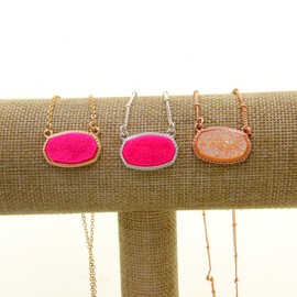 YUJIAXU Sparkling Faux Druzy Oval Pendent Short Necklace for Wedding Gift Jewelry (Gold + Pink Drusy)