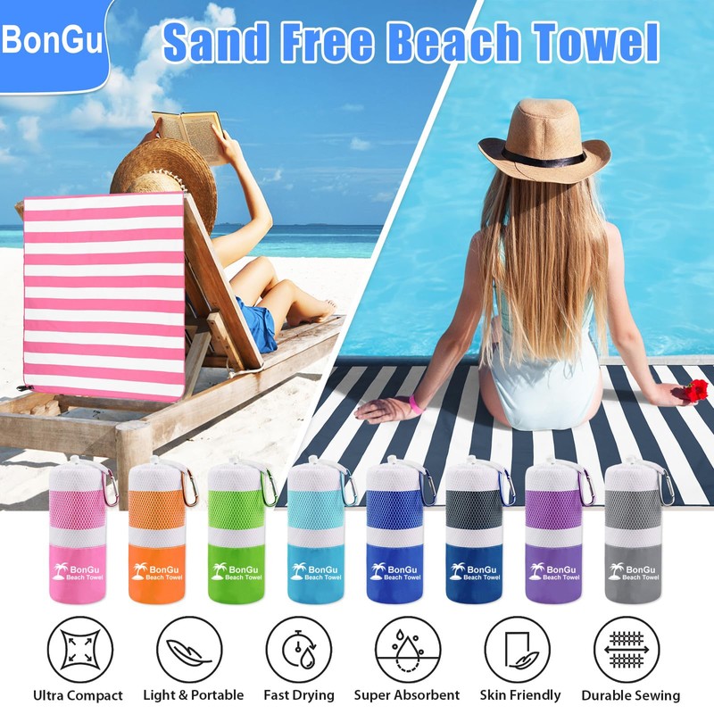 BonGu 2 Pack Beach Towel Set 180x80cm & 60x38cm Microfiber