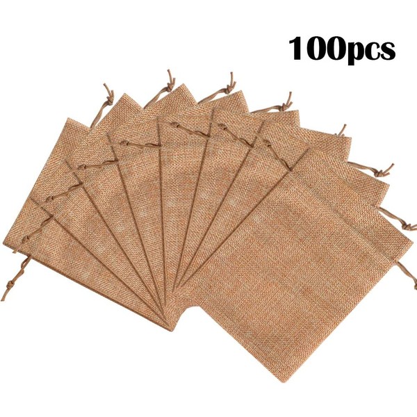 Lucky Monet 25/50/100PCS Burlap Gift Bags Wedding Hessian Jute Bags Linen Jewelry Pouches with Drawstring for Birthday, Party, Wedding Favors, Present, Art and DIY Craft (100Pcs, Coffee, 7” x 9”)