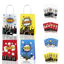 12x Superhero Party Supplies Birthday Decoration Paper Bag Kids Lolly Bag Favour Box Kraft Treat Box Gift Box Gable Box Gift Bag Themed Party Bag