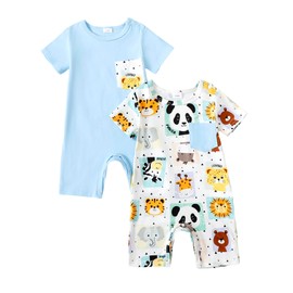 CVXV Infant Baby-Girls 2-Pack Solid Short Sleeve Bodysuit Baby Boy Sunsuit Funny Jumpsuit,Light Purple Zoo,12-18 Months