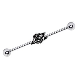 Pierced Owl Antique Rose Flower with Leaves Industrial Barbell Earring
